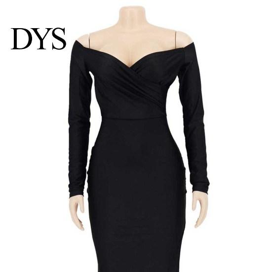 Slim Fit Dress Lady Evening V Neck Off Shoulder Side Slit Floor Length Long Ball Gown Sleeves Pleated Maxi Banquet Party Solid Color