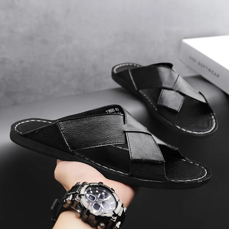 Fashion Men Flat Designer Soft Bottom Sandals Fashion Breathable Trendy All-match Lightweight Casual Leather Sandals Summer Walking Shoe
