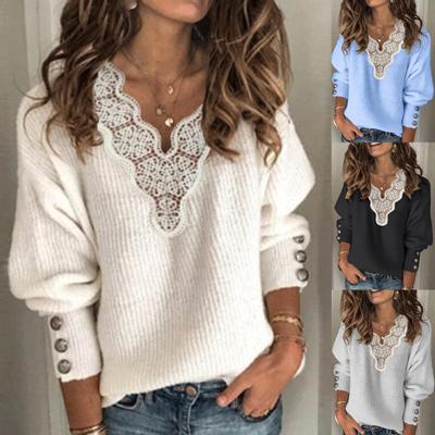 Women Autumn Winter Long Sleeve Lace Patchwork V Neck Buttons Sweater Jumper
