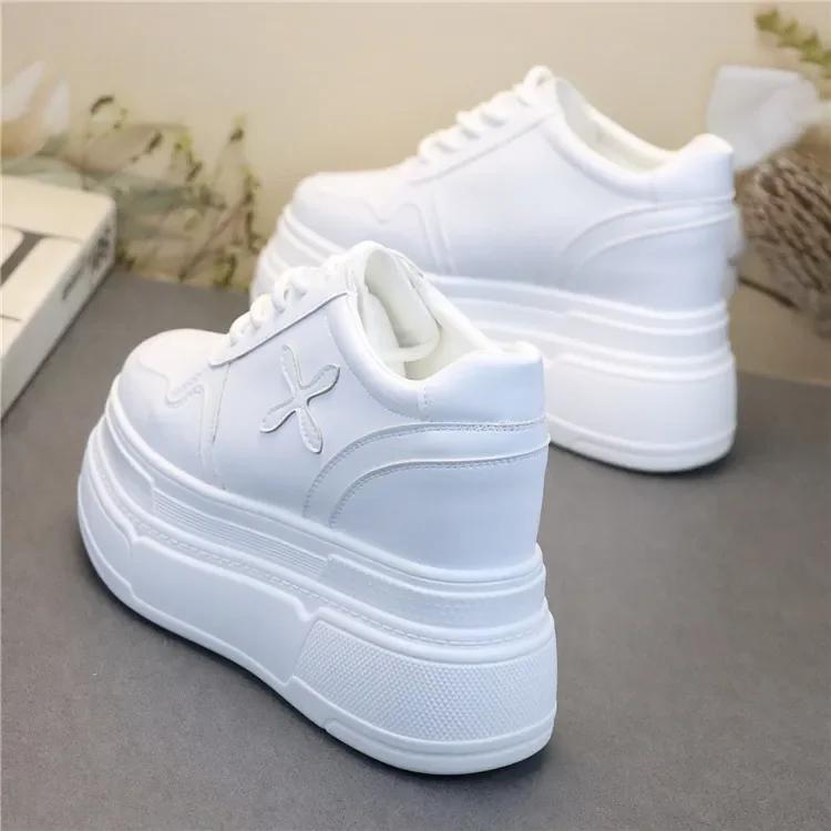 Fashion 12CM Genuine Leather Women Spring Autumn Chunky Sneakers Ins Women Summer White Hidden High Heels Platform Wedge Shoes