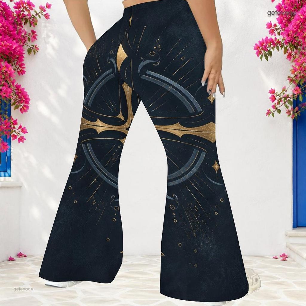 Women Plus Size High Waist Red Blue Star Printed Full Length Flared Pants