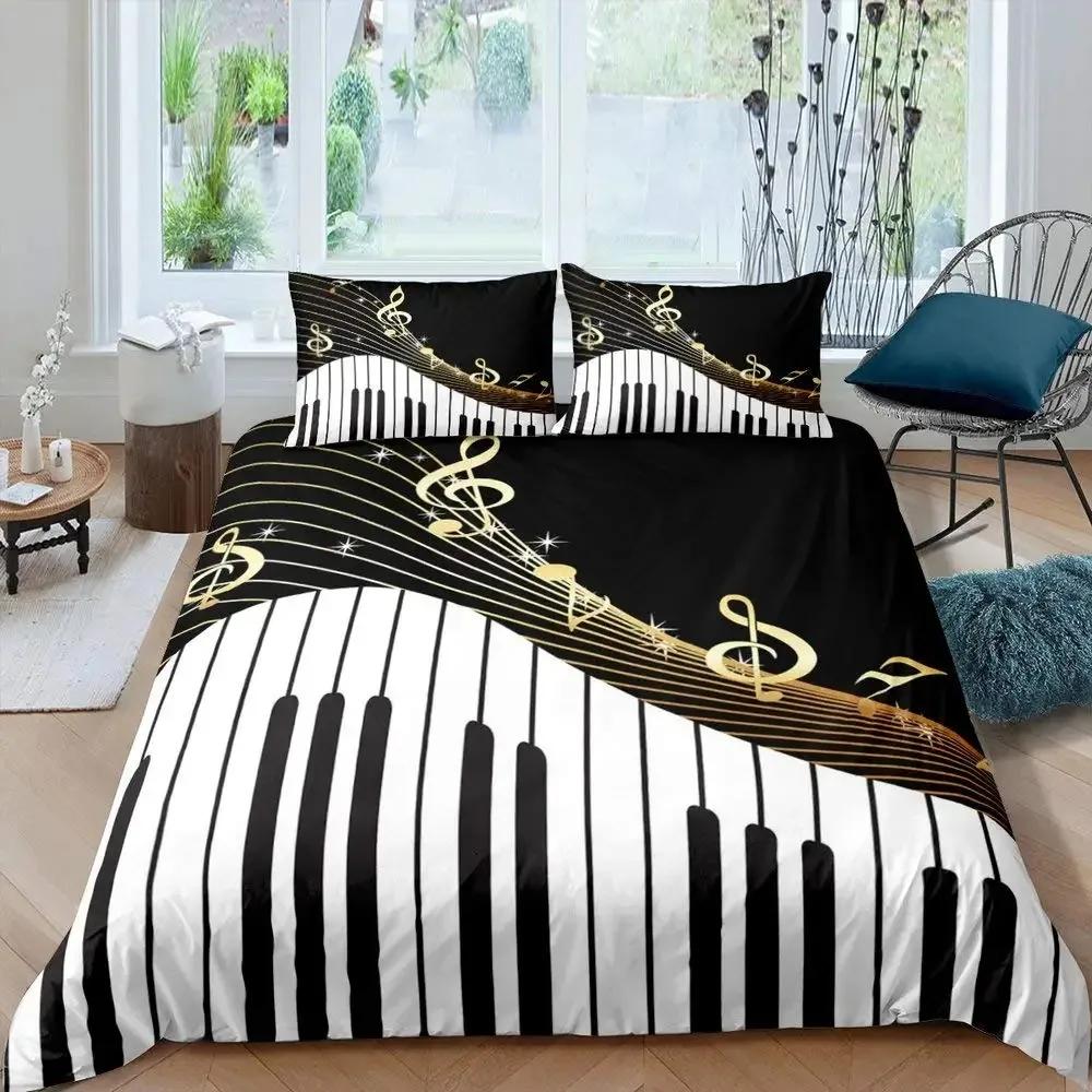 Piano Keys Duvet Cover Set Rotating Musical Notes Bedding Set Tie Dye Bedding Set Retro Music Comforter Cover Bedclothes Queen
