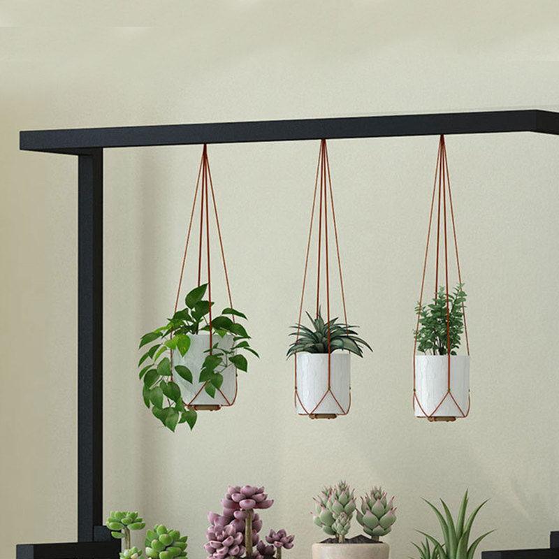 3-Layer Flower Rack with Hanging Basket Black Plant Stand Indoor Flower Display Pot Metal Shelves Plant Rack