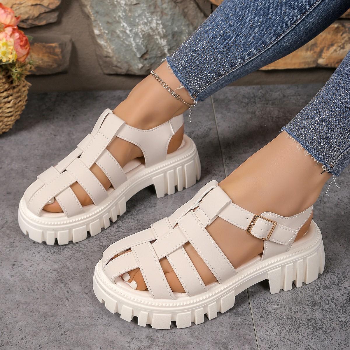 

Muffin thick-soled Roman sandals women s summer new round head thick heel word with bag head hollow sandals 41 бежевый