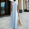 Women Elegant Sleeveless Midi Dress High Mock Neck Button Decor A Line Long Dress Loose Solid Color Vest with Pocket Office Business Formal Daily Wear
