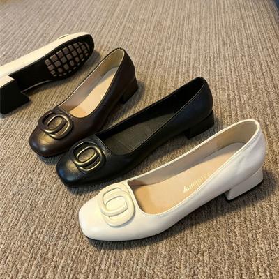 Mode temperament enkellaarsjes dames lente en herfst nieuw vierkante neus lage mond dikke hak veelzijdige schoenen lage hak kleine leren schoenen