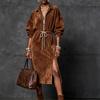 Women's Brown Long Sleeve Dress with Lapel Collar Front Zipper Drawstring Waist and Side Slit