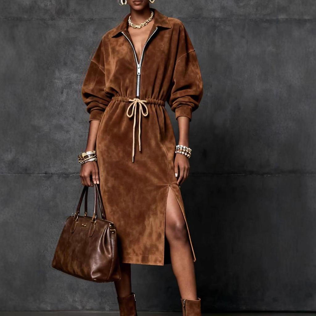 Women's Brown Long Sleeve Dress with Lapel Collar Front Zipper Drawstring Waist and Side Slit