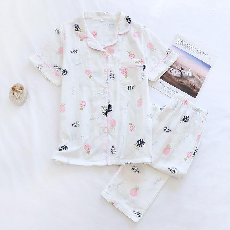 New Spring and Summer Pajamas Two-piece 100% Cotton Gauze Women's Short-sleeved Trousers Home Service Suit Cute and Thin