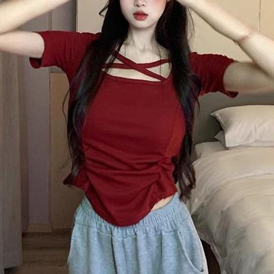 Camiseta Corta Adelgazante Camiseta de Manga Corta Patchwork para Mujer Top de Moda Versátil