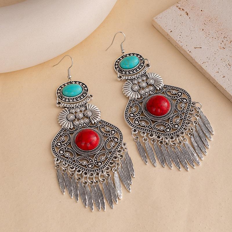 Vintage Ethnic Turquoise Earrings Women'S Bohemian Fringed Earrings Beaded High-End Earrings