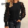Women Tops Round Neck Mesh Hollow Puff Long Sleeves Pullover Tops Solid Color Versatile Styling Blouse