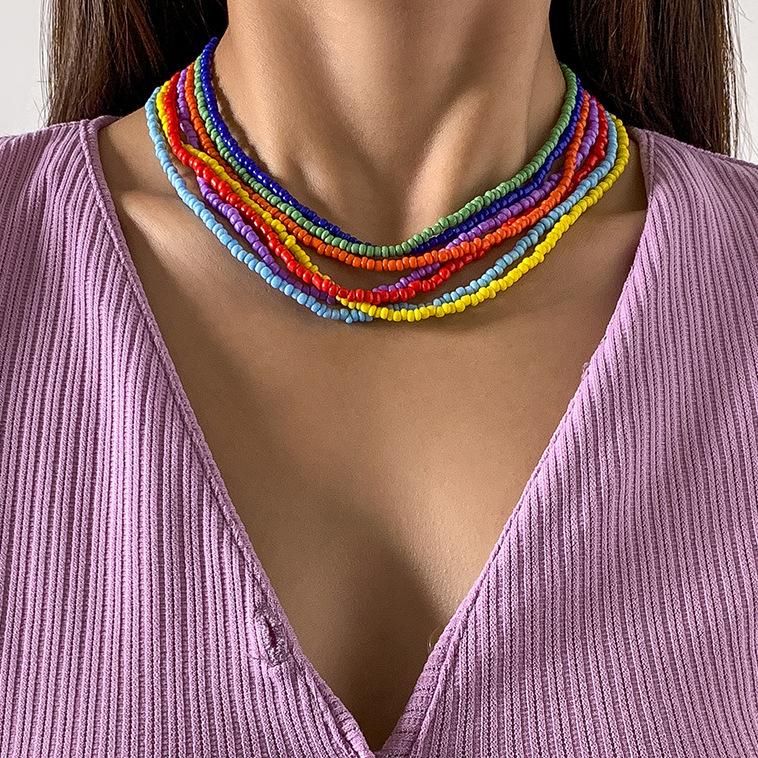 Retro Rainbow Rice Bead Necklace Set, Stylish And Simple, Stackable Woven Beaded Necklace
