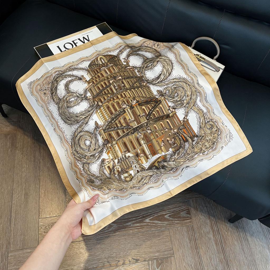 71Cm New Chinese Simulation Silk Square Scarf Soft and Skin-friendly Ink Flower Rhyme Printing Silk Scarf Neck Sunscreen Small Scarf