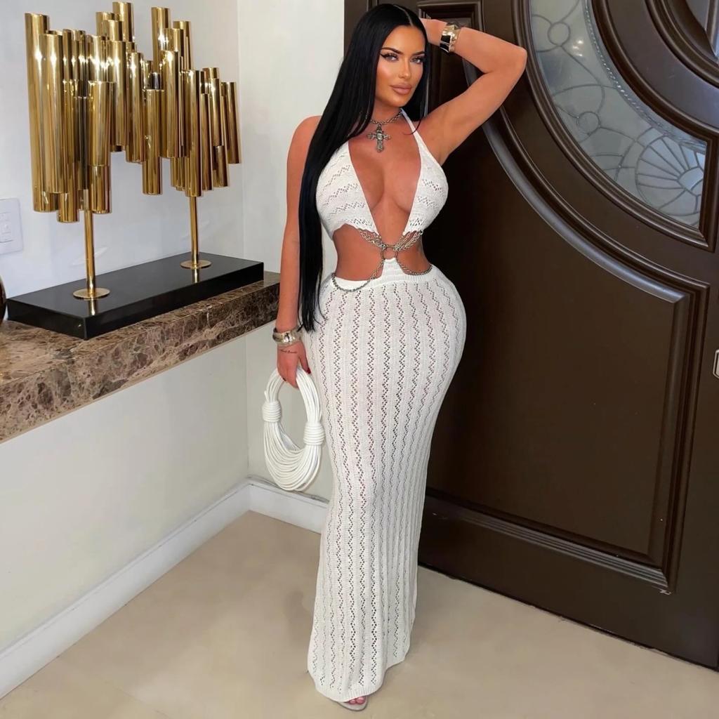 European and American Neck V-neck Knitted Hollow Dress, Women's Backless Waist Hollow Hip Long Dress Is In Stock.