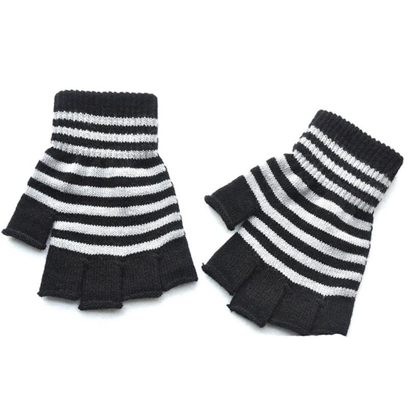 1Pair Unisex Black Stripes Half Finger Fingerless Gloves for Women Wool Knit Wrist Cotton Gloves Winter Warm Men Workout Gloves