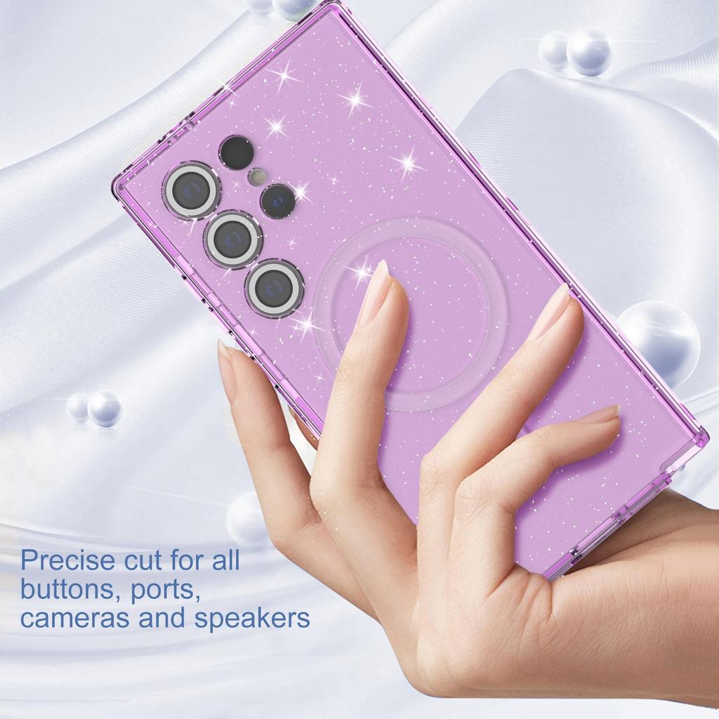 For Samsung Galaxy S23 Ultra Case Compatible with MagSafe Glitter Clear Phone Back Cover with Lens Film