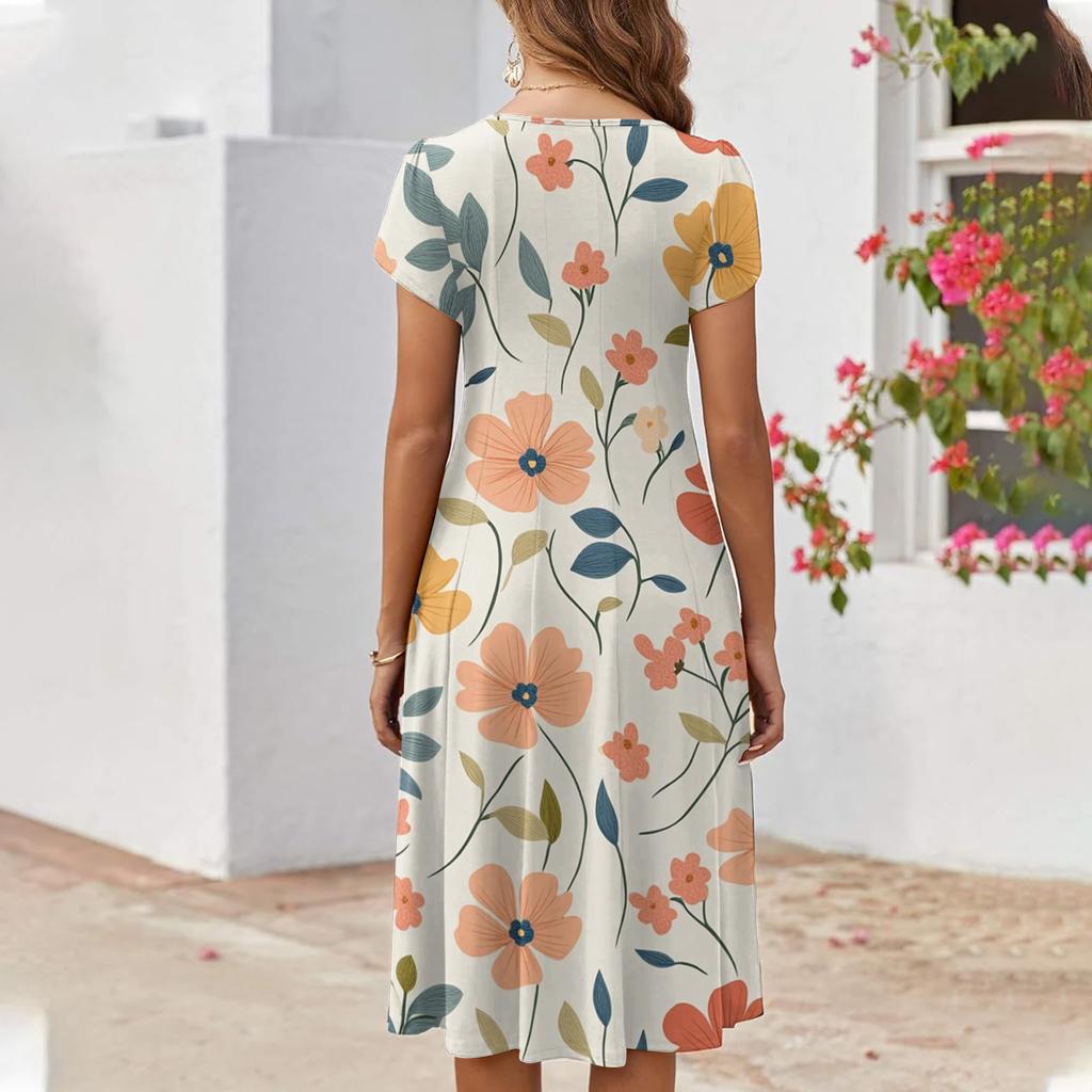 Women's Casual Fashion Round Neck Printed Short Sleeve Pocket Dress