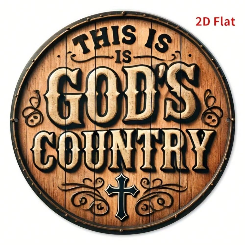 Vintage Metal Wall Art God's Country Round Sign with Cross Leaf Motifs 7.8x7.8 Inch Rustic Indoor Outdoor Decor for Home Cafe Garden