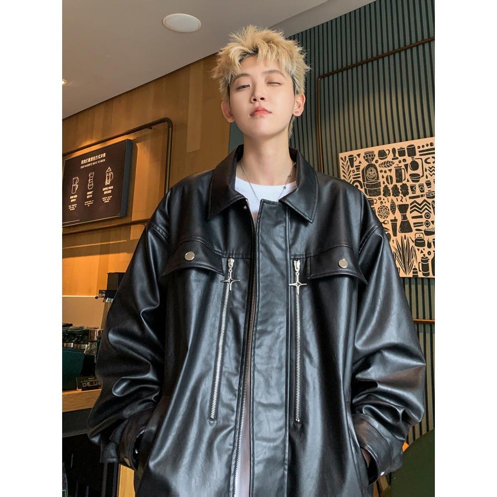

Мужская кожаная куртка весна и осень, высококлассное чувство, хулиганский, красивый, жареный уличный, свободный, повседневный, американский хай-стрит, мотоциклетная куртка из искусственной кожи XXL чёрный