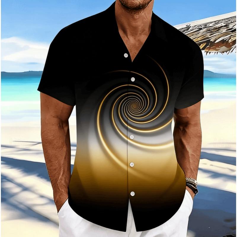 Men's Black Gold Luxury Short Sleeve Shirt, Spring Summer Business Vacation Casual Blouse, Loose Casual Top