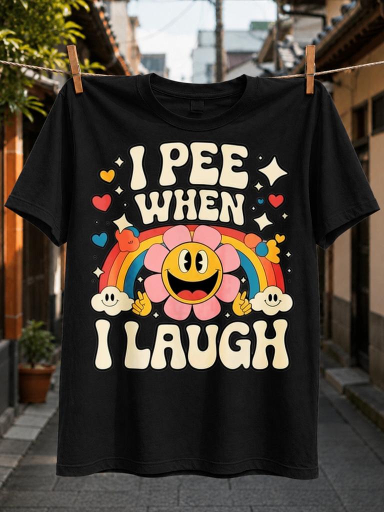 I Pee When I Laugh Retro Cream Bubble Text With Smiling Flower Rainbow Clouds Hearts And Sparkles Unisex All Tshirt