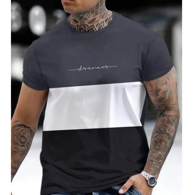 Men Summer New Printed Color Block Short Sleeve Crew Neck T Shirt Casual Contrast Top