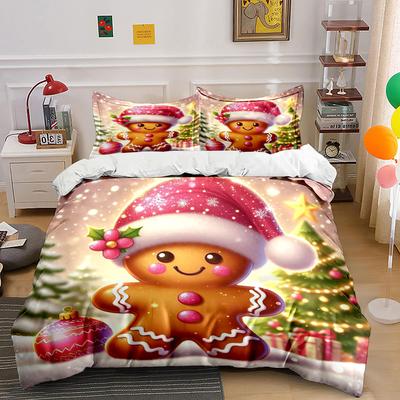 Smiling Gingerbread Figures, Trees. Bedding Sets Duvet Cover Sets Duvet Covers Pillowcases(1*Duvet Cover 2*Pillowcases Without Duvet Insert)