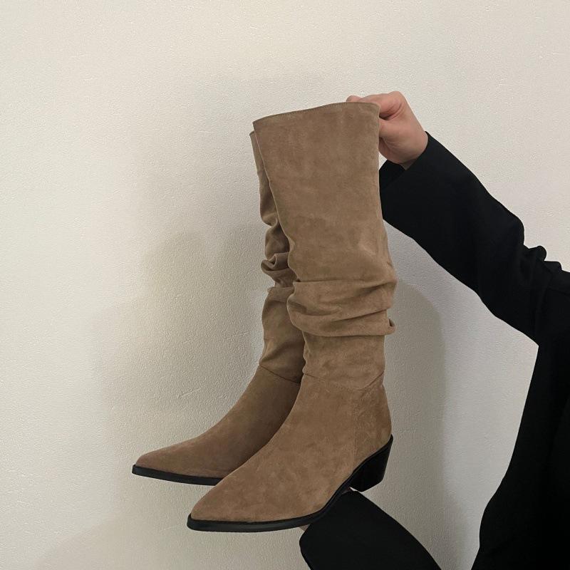 2025 autumn and winter new French retro stacking boots western cowboy boots long women's boots Korean version thick high heel