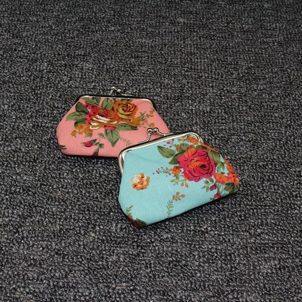 Portable Mini Coin Purse Canvas Metal Hasp Credit Card Holder Rose Floral Print Change Pouch for Women