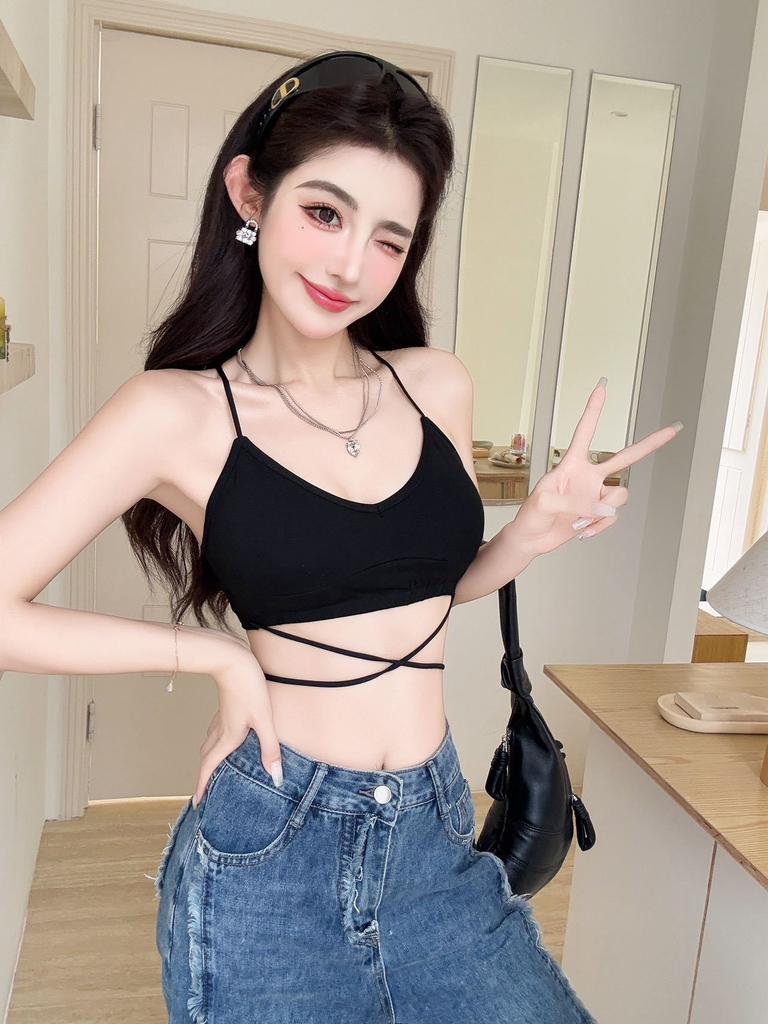 #Summer New Sexy V-neck Polka Dot Printing Chest Wrap Beautiful Back Cross Strap Design Fixing Belt Chest Pad