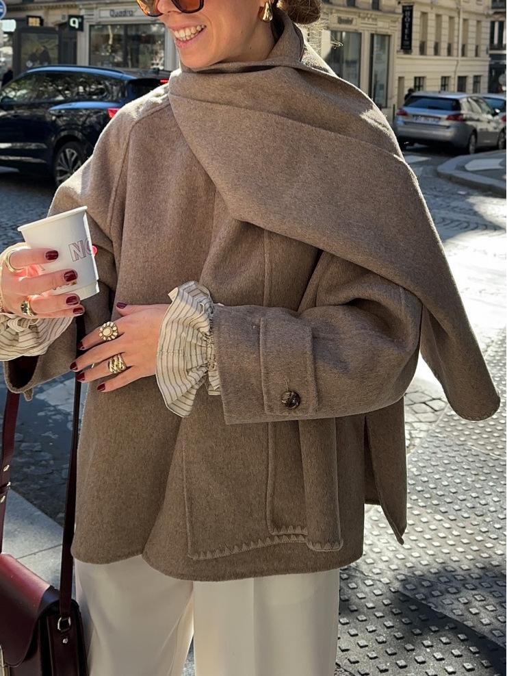 Khaki Wełniany Płaszcz z Szalikiem: Moda europejska i amerykańska