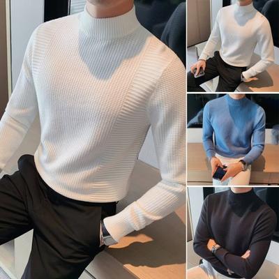 Men Fall Winter Sweater Thick Half-high Collar Knitted Solid Color Elastic