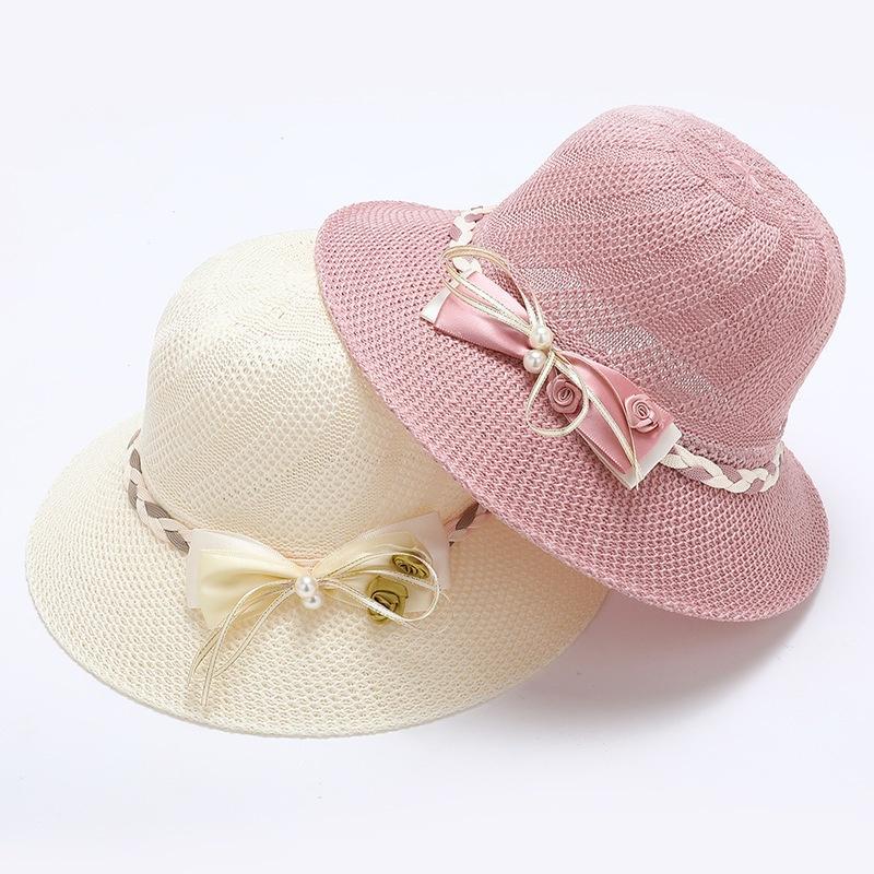 Chapeau de Paille Femme Mode Nœud Fleur Perles Été Grand Bord Chapeau de Plage Extérieur Pliable