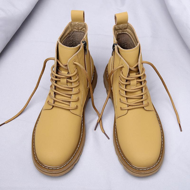 New 2024 Genuine Leather Mid Top Boots Men Thick Sole Classic Yellow/Black British Style Chelsea Boots High-top Men Lace Up Boot