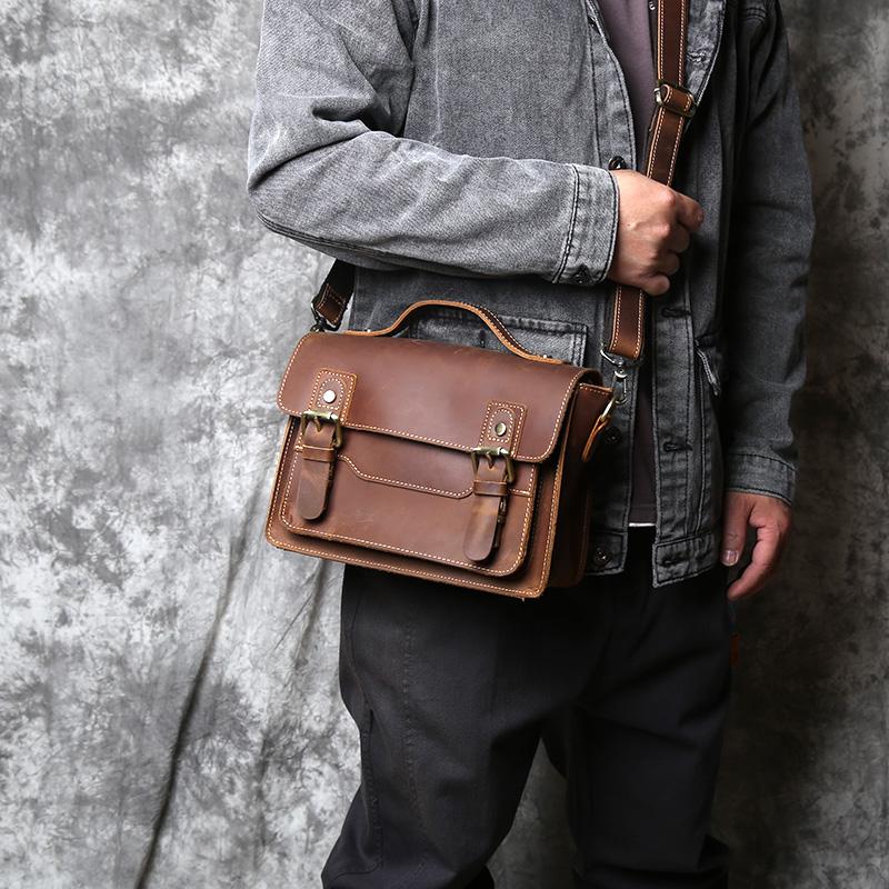 NZPJ Retro Leather Men's Mailman Bag Crazy Horse Men's Bag Top Layer Cowhide Shoulder Bag Casual Handbag For 10-Inch IPad