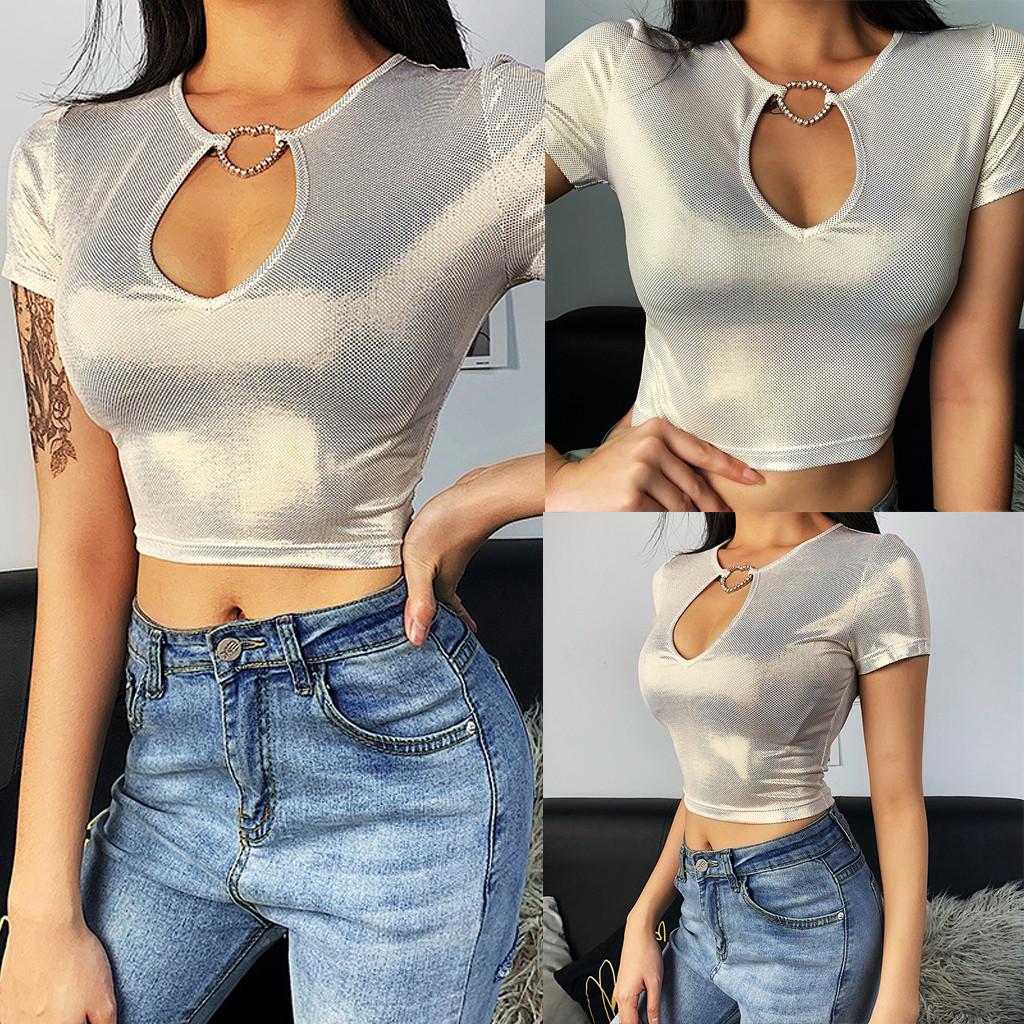 

(SU)Модные женские сексуальные открытые однотонные футболки с короткими рукавами, блузки, топы