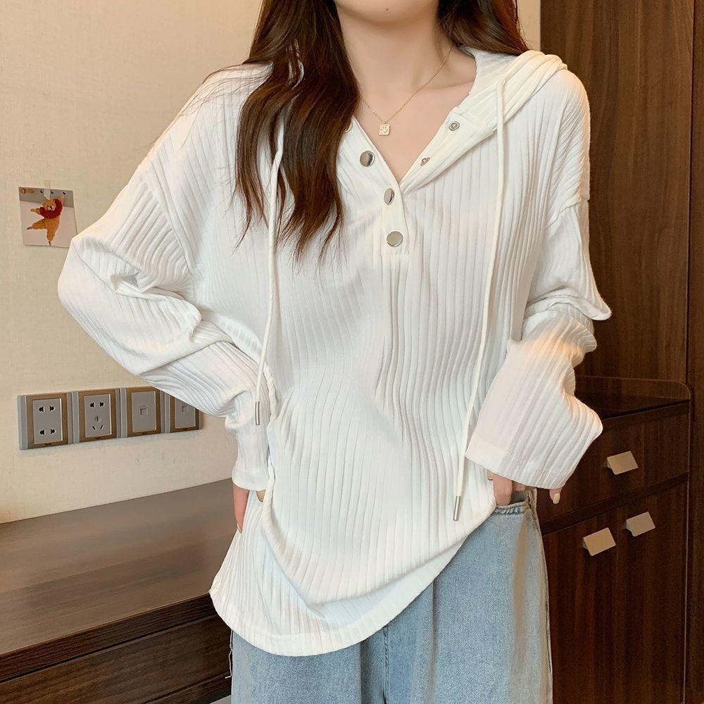 Fat Girl Pit Strip Hooded T-shirt Women's Design Loose Long-sleeved Bottoming Slimming Cover Trendy Top