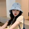 New denim rough edge bucket hat women's versatile embroidered bow basin hat show face small temperament sun hat