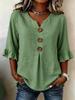 Summer V-neck Button Trim Mid-Sleeve Women's Slimming Fashion Loose Solid Top