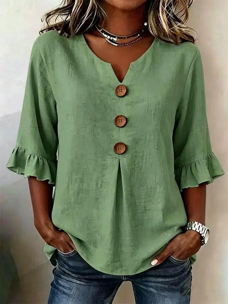Summer V-neck Button Trim Mid-Sleeve Women's Slimming Fashion Loose Solid Top