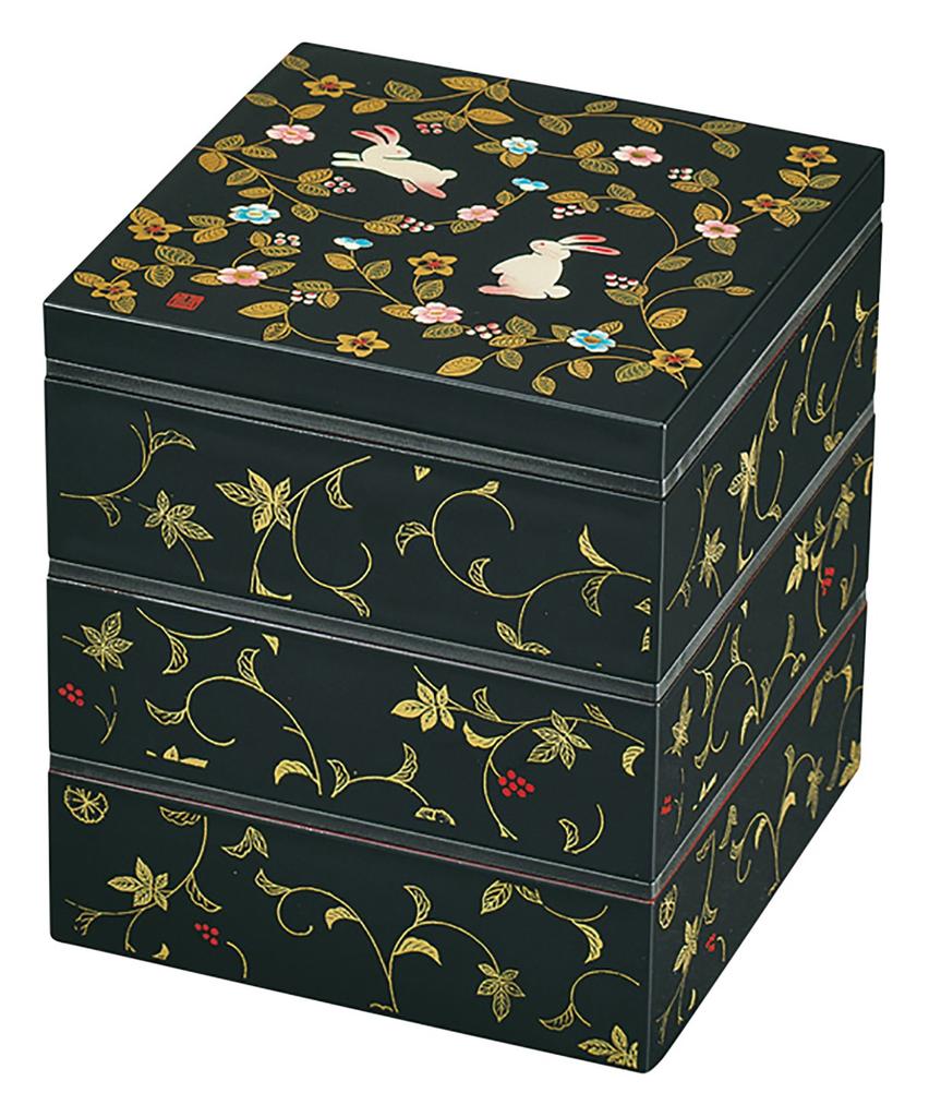 Mitani Yamanaka Lacquerware Hana No Komichi Rectangular Size Three-Tiered Box, 5.0cm (with Tupperware), Black, M16545-6