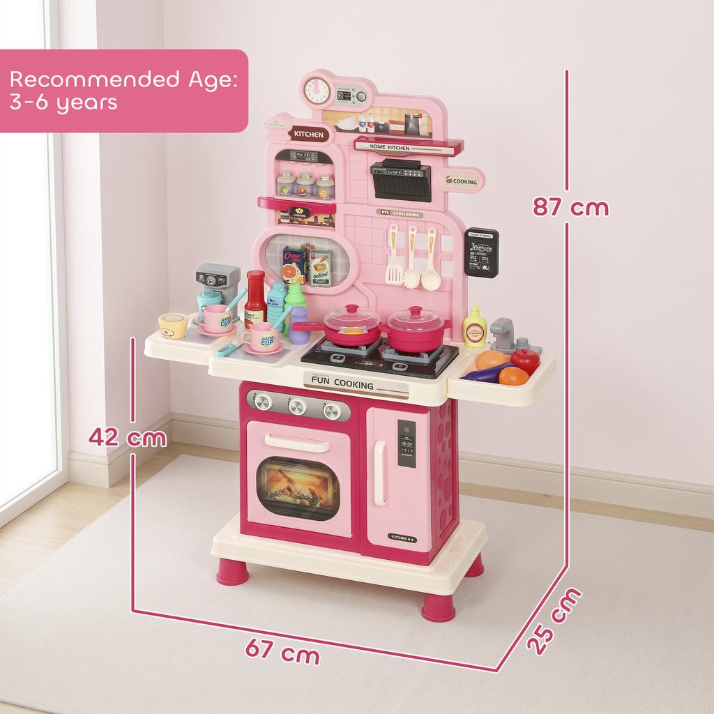 Play Kitchen, 33 PCS Kids Kitchen Playset with Lights, Sounds, Storage, Circulating Water Sink for 3-6 Years, Pink