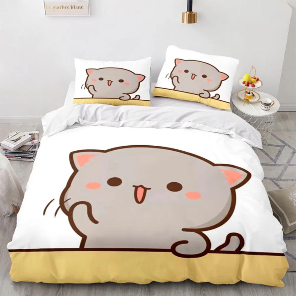 Cartoon Lovely Peach Cat Bedding Set Boys Girls Twin Queen Size Duvet Cover Pillowcase Bed Kids Adult Fashion Home Textileextile