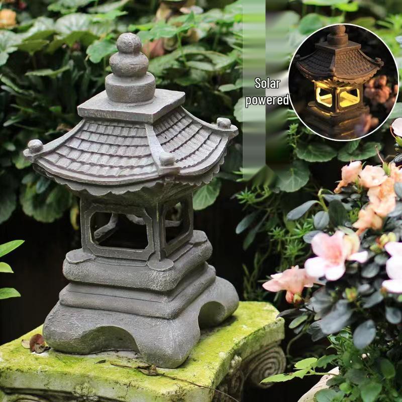 Zen Solar Stone Pagoda Lantern - Outdoor Resin Ornament for Garden and Courtyard Decor