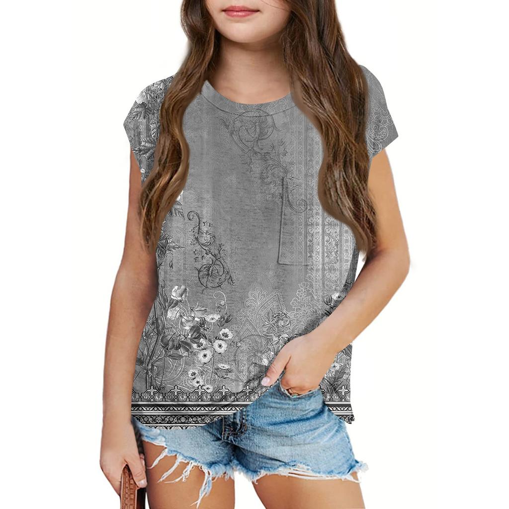 Sommer Rundhals 3D Vintage Floral Bedrucktes Top Modische Lässige Kurzarm Kinder Mädchen T-Shirts