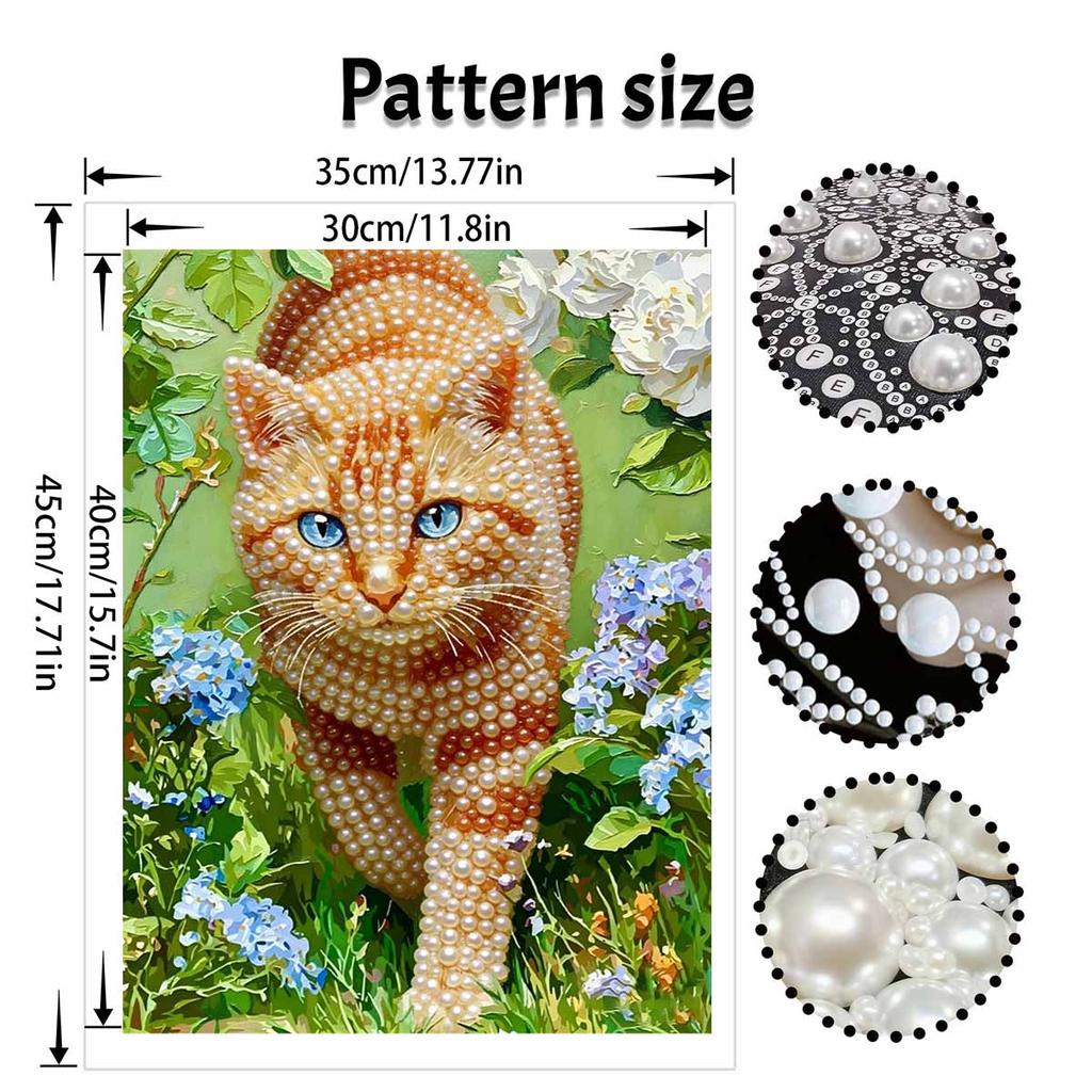 3D Pearl Painting Kit Ginger Cat Design Frameless DIY Bead Art Canvas Leisure Handmade Craft for Bedroom Wall Decor