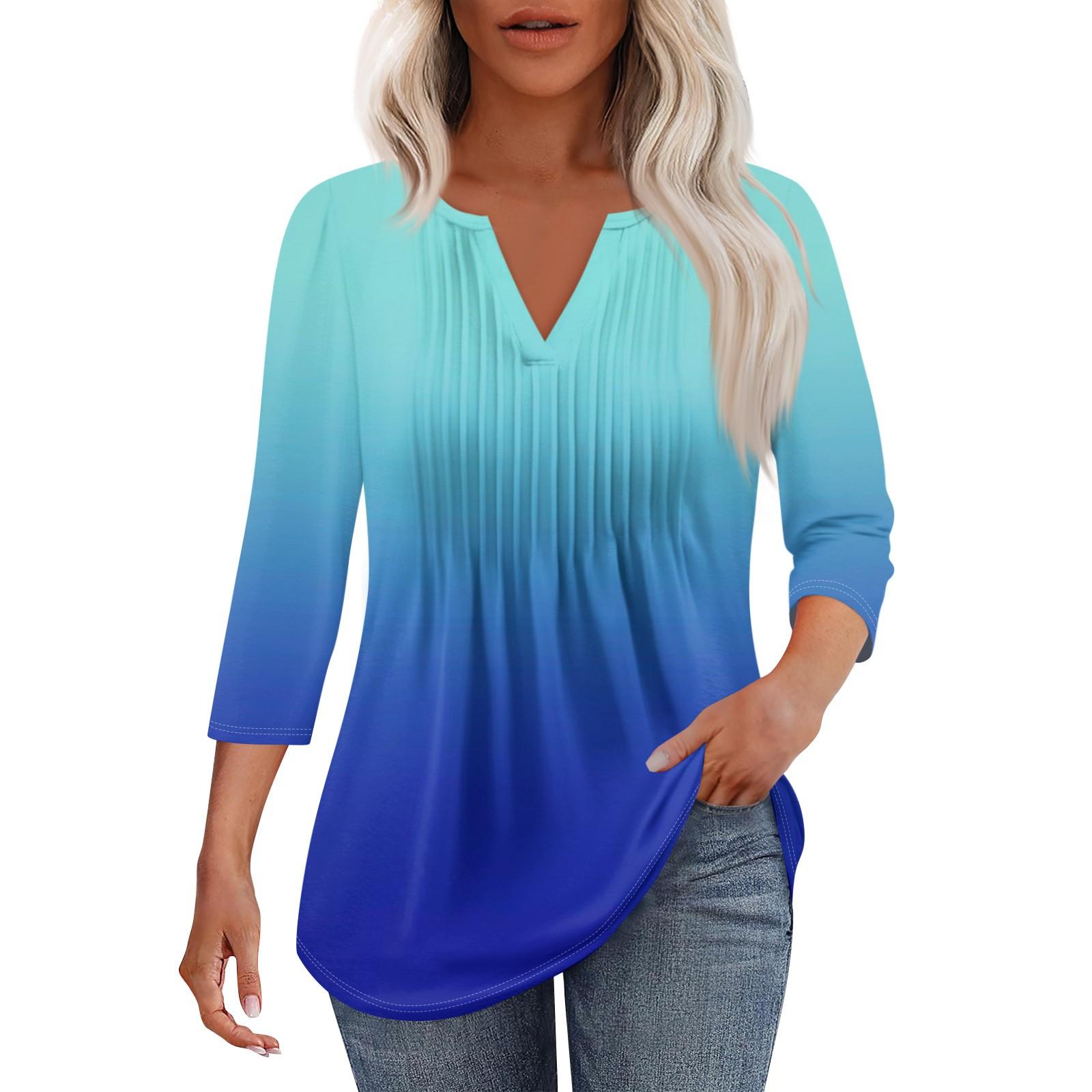 

Женская модная повседневная плиссированная футболка с V-образным вырезом и рукавом семь четвертей M синий