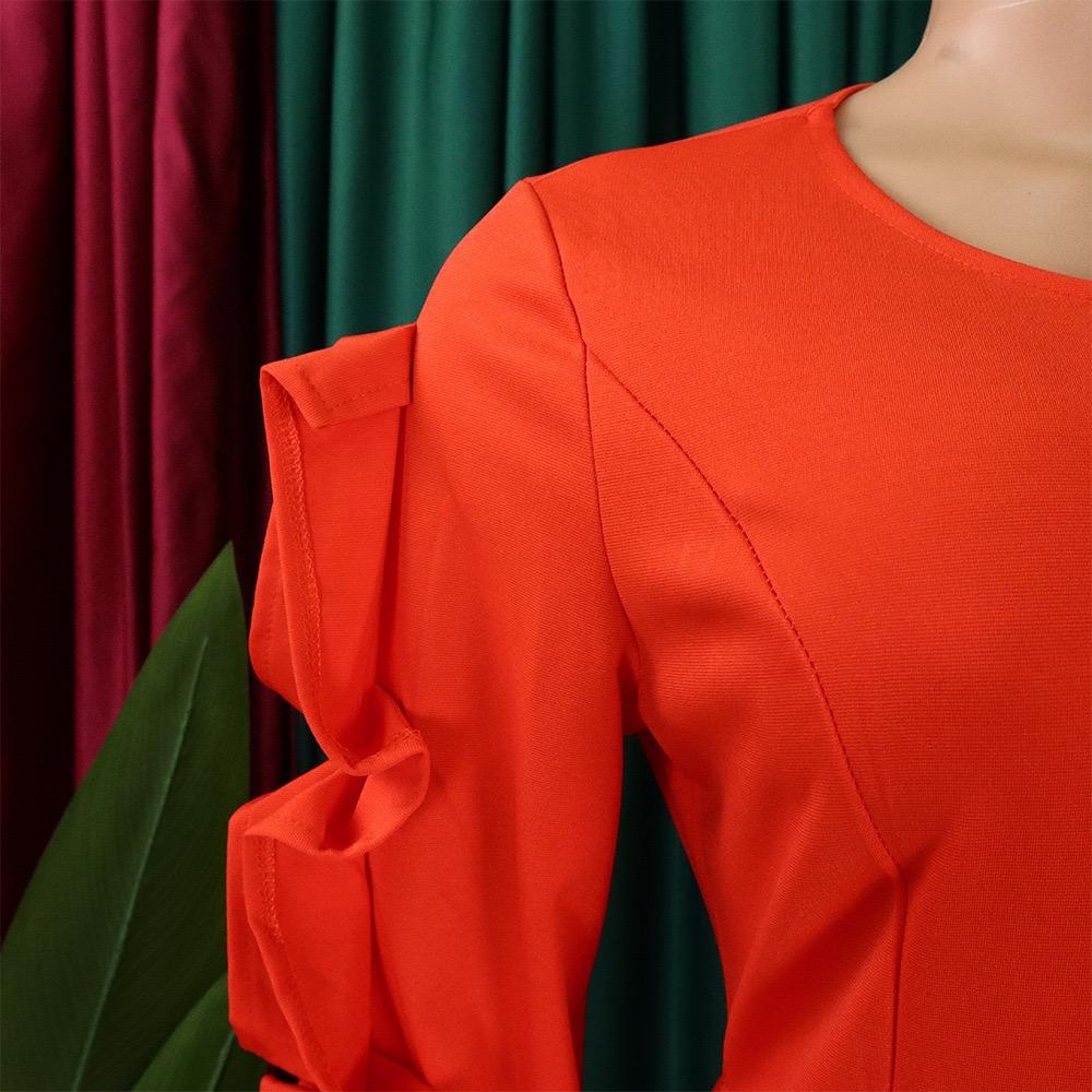 Long Sleeve Bodycon Dress Women Ruffles Sleeve Solid O Neck Package Hips Mid Calf Dress Clothes Robe