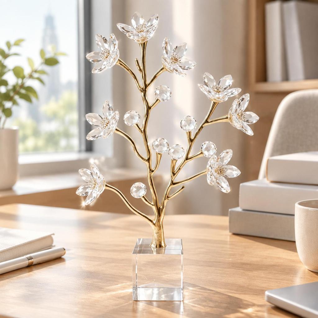 Crystal Blossom Tree Presentable Gold-Tone Metal with Square Base
